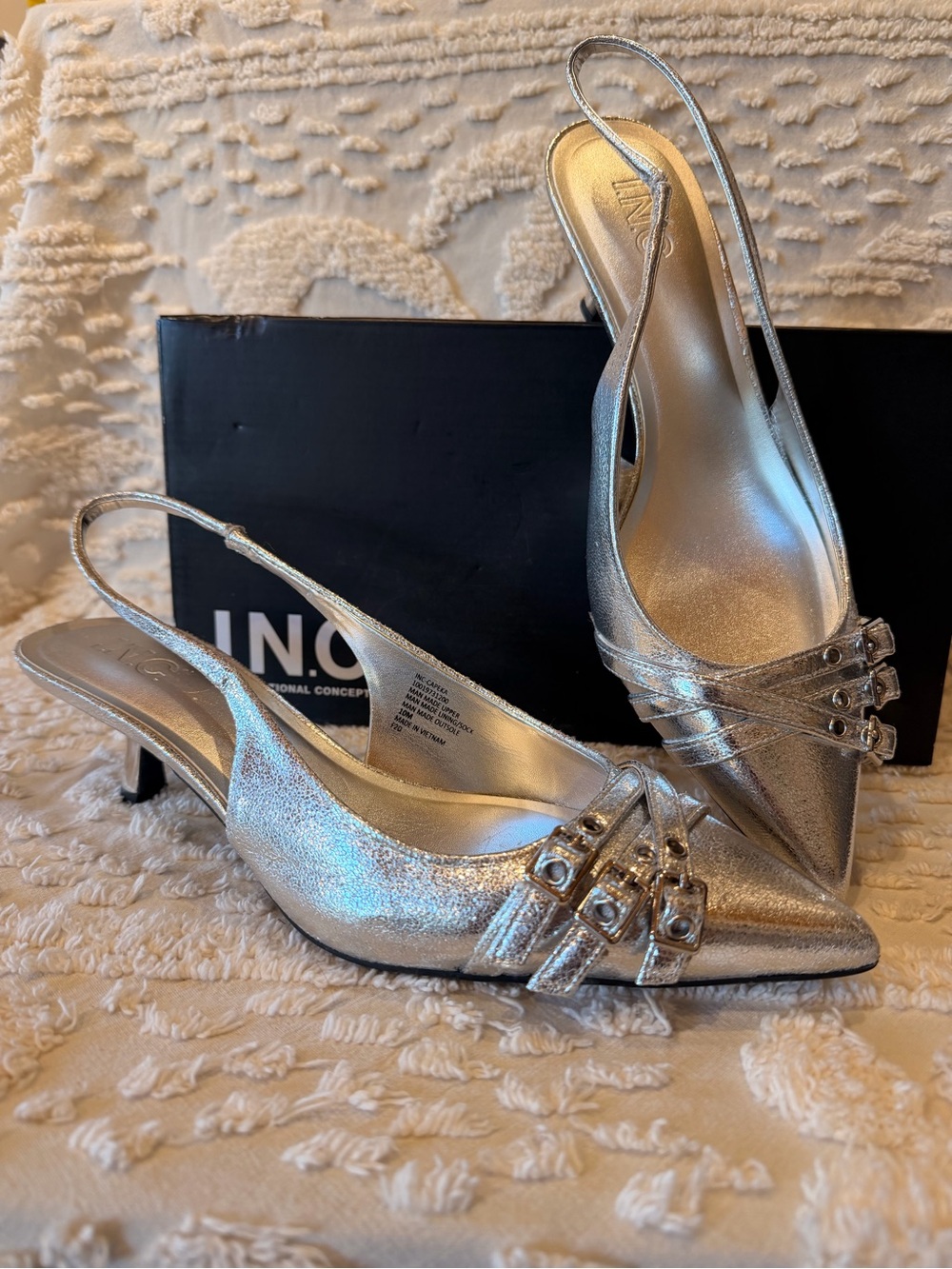 INC International Concepts Metallic Silver Pointed-Toe Slingback Heels 682